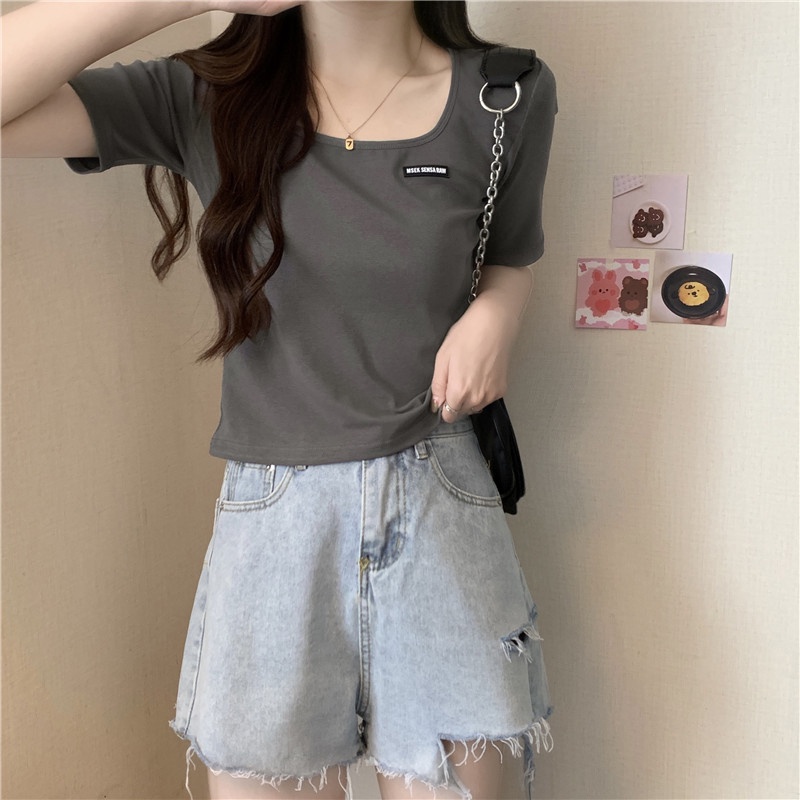 SUXI Áo Thun Tay Ngắn Cổ Vuông Màu Sắc Đơn Giản Cho Nữ