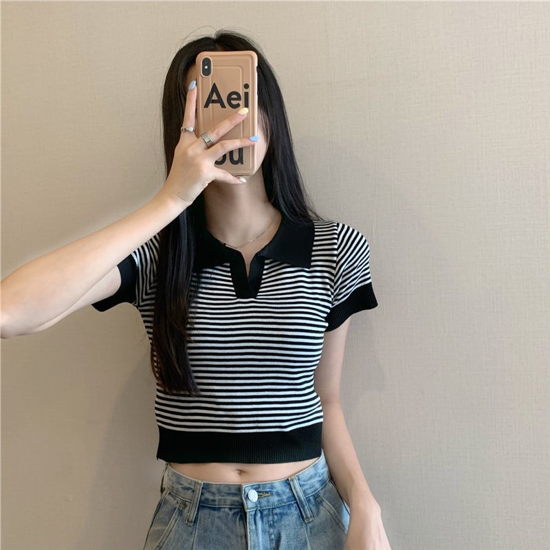 Áo Thun polo Dệt Kim Ngắn Tay Họa Tiết Kẻ Sọc Đơn Giản Thời Trang Mùa Hè Cho Nữ