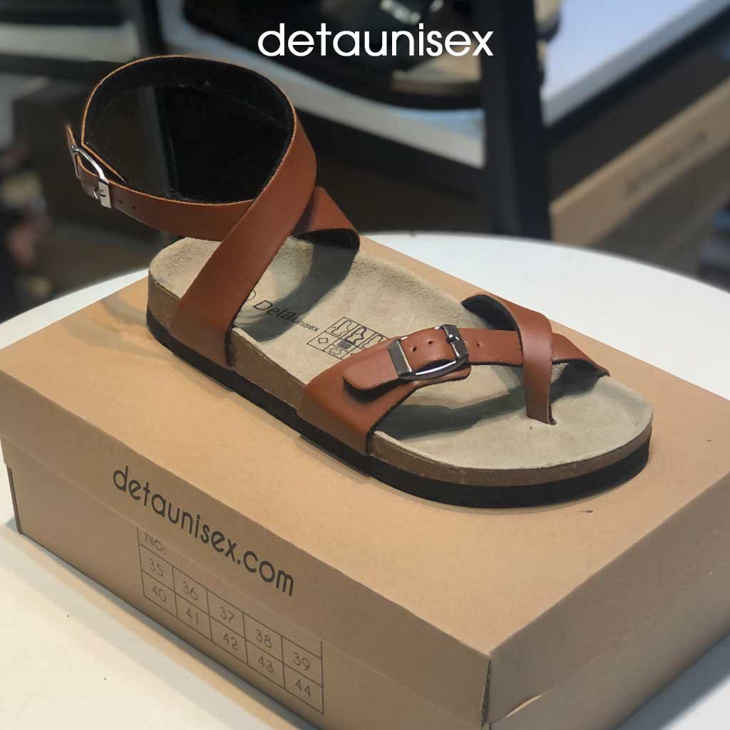 Dép Birken đế trấu giày sandal xỏ ngón dây quấn cổ chân Detaunisex  màu Bò  - SATA20B