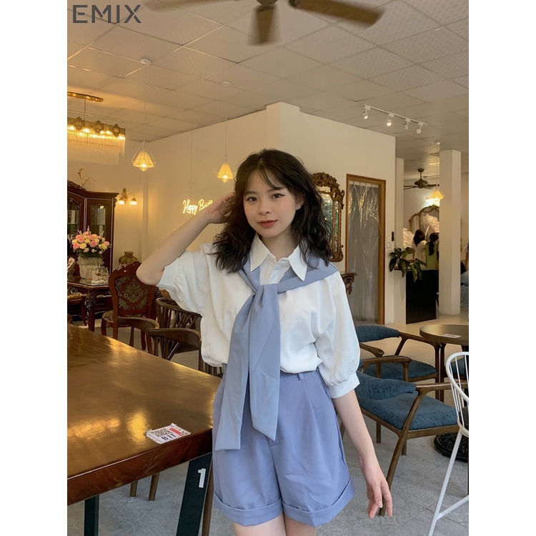 Set bộ thủy thủ nữ EMIX, áo sơ mi cộc tay và quần short lưng chun, freesize dưới 54kg, chất thô Hàn 8686
