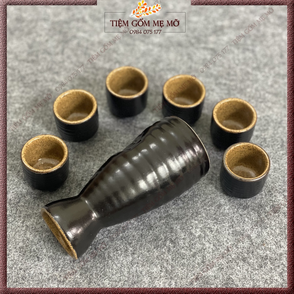 Bộ bình rượu sake phong cách Nhật Bản men đen gốm gốm sứ Bát Tràng