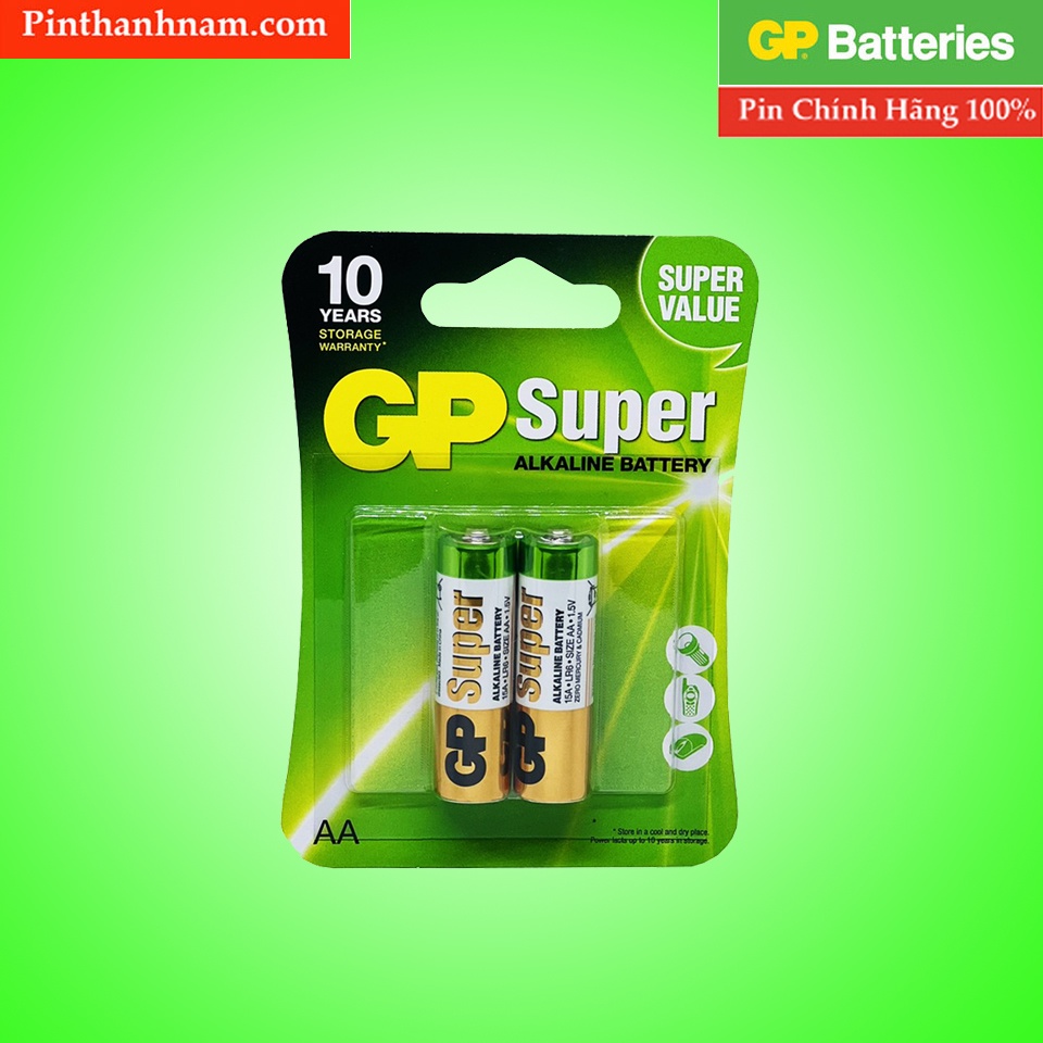 Pin AA GP super tiểu alkaline vỉ 2 viên LR6 chính hãng