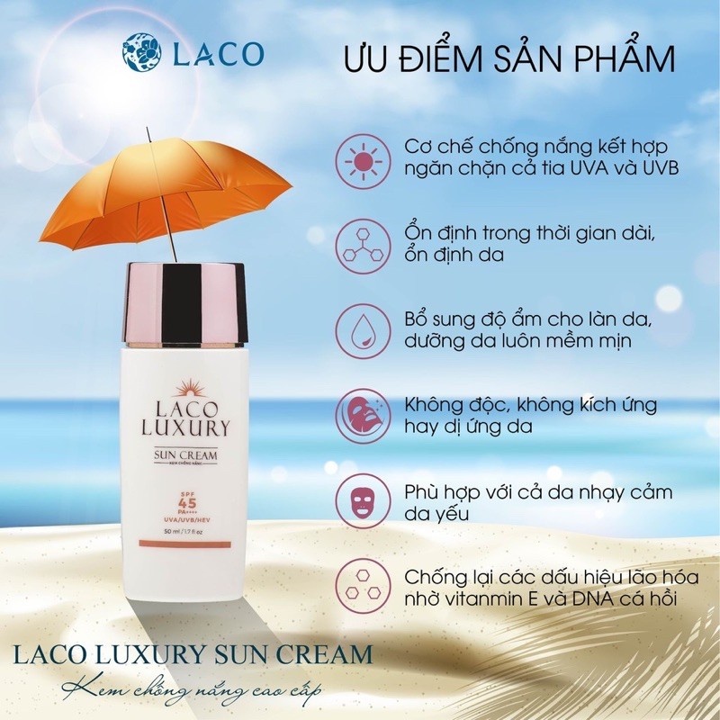 Laco Luxury Sun Cream 50ml Kem Chống Nắng, dưỡng trắng SPF45 PA++++ Lên Tone, Chống UVA, UVB, Không Nhờn, Kiềm Dầu