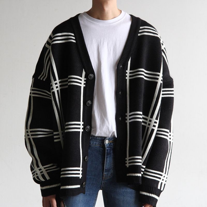 Áo khoác len Cardigan thu đông form rộng kẻ ô sọc cho nam