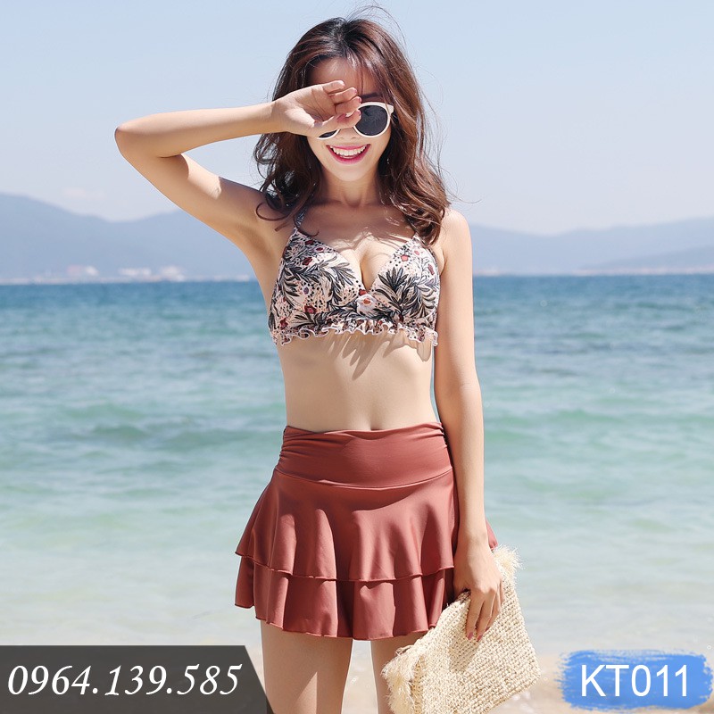 [LẺ SIZE 50-55kg] - Set bikini 2 chi tiết quần váy kín đáo, chất thun bơi Lyrca đẹp dày dặn, co giãn 4 chiều | KT011