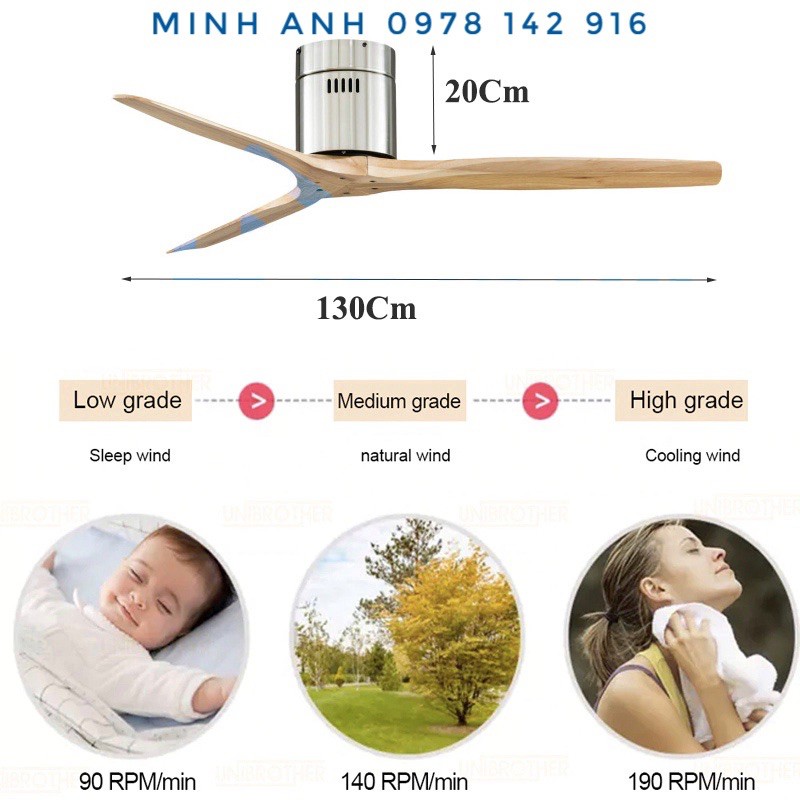 Quạt Trần 3 Cánh Gỗ Trang Trí Sảnh Phòng Khách Cao Cấp VF18 Minh Anh
