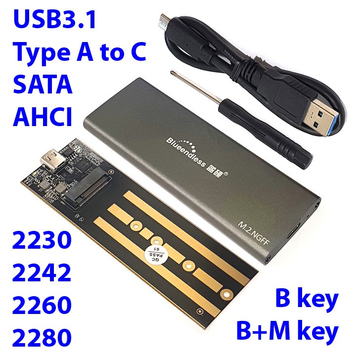 Box SSD M.2 SATA, AHCI USB-A-C 3.1 Blueendless M280C BX05