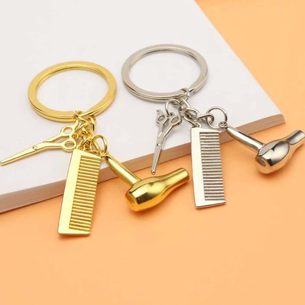 Móc khóa mặt hình lược máy sấy và kéo cắt tóc nhỏ gọn dành cho trang trí xe hơi làm quà tặng nhà tạo mẫu tóc
