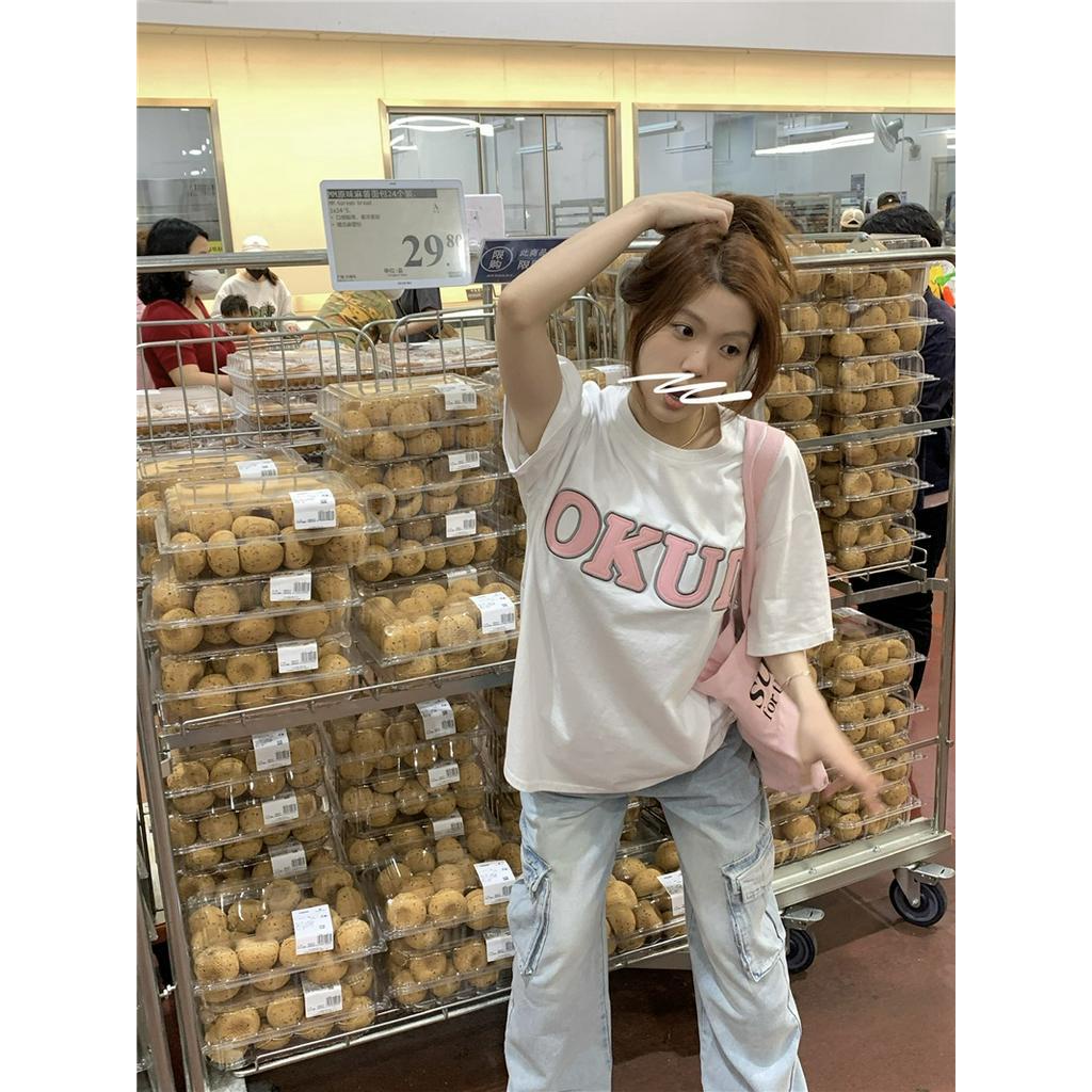 Áo Thun Tay Ngắn Cổ Tròn Thêu Chữ Phong Cách Hàn Quốc 63313