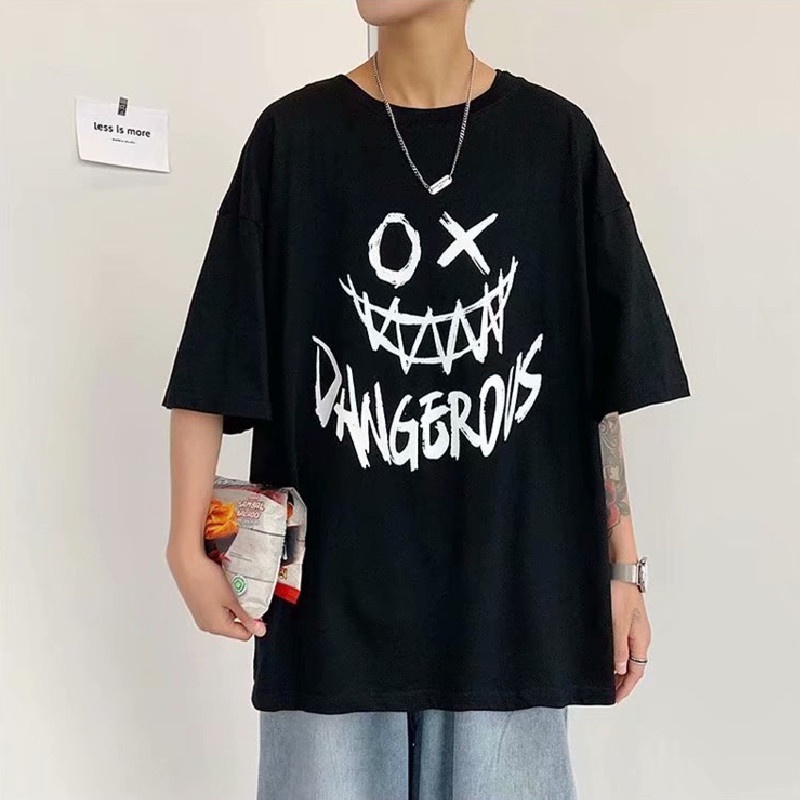 Áo thun tay ngắn cổ tròn dáng rộng in hình và chữ thời trang Hàn Quốc cỡ M-5XL cho nam