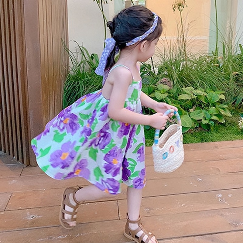 Đầm Hai Dây Họa Tiết Chấm Bi Cho Bé Gái 3-8 Tuổi