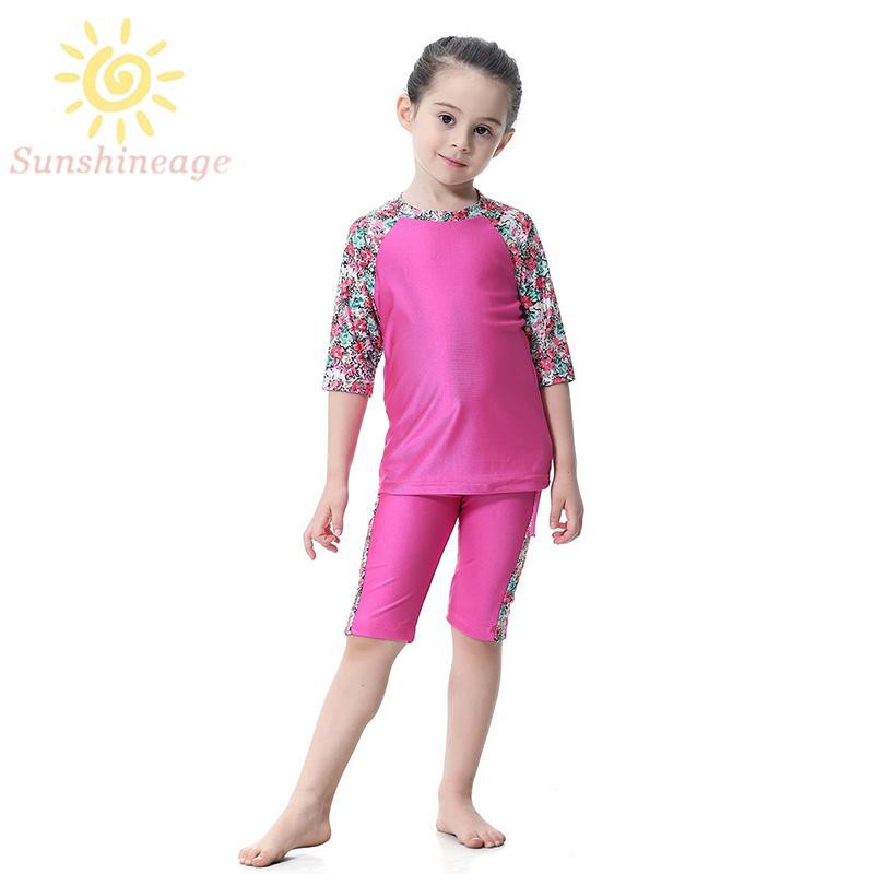 Bộ Đồ Bơi Tay Lỡ + Quần Dài + Mũ Bơi In Hoa Cho Bé Gái