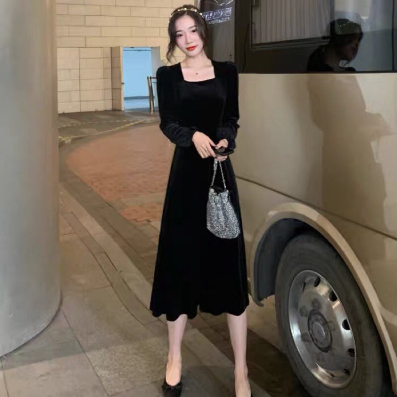 Váy dài nữ cổ vuông nhung Forgỉl váy xoè tiểu thư cao cấp tay phồng dáng dài qua gối | BigBuy360 - bigbuy360.vn