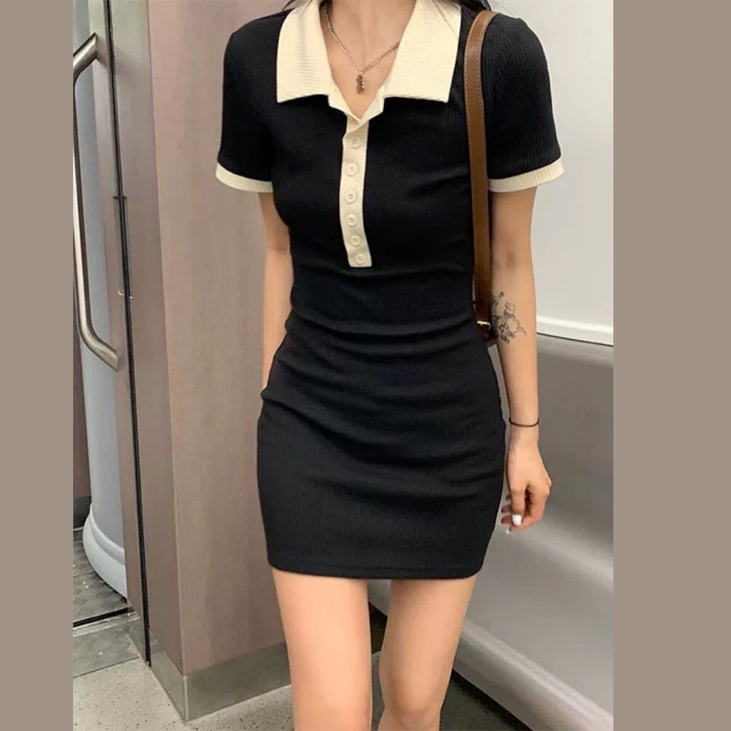 Đầm len body cổ sơ mi polo tay ngắn cúc khuy chất đẹp mặc tôn dáng basic phong cách Hàn Quốc đơn giản năng động