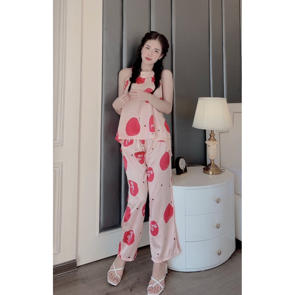 Pijama cổ yếm lụa latin quần dài - Đồ ngủ nữ lụa Latin loại 1 cao cấp không nhăn (ẢNH THẬT CỦA SHOP)