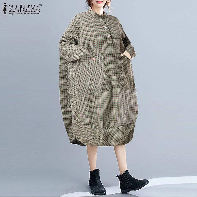 Đầm midi ZANZEA dáng rộng tay dài họa tiết kẻ sọc caro phong cách retro cho nữ