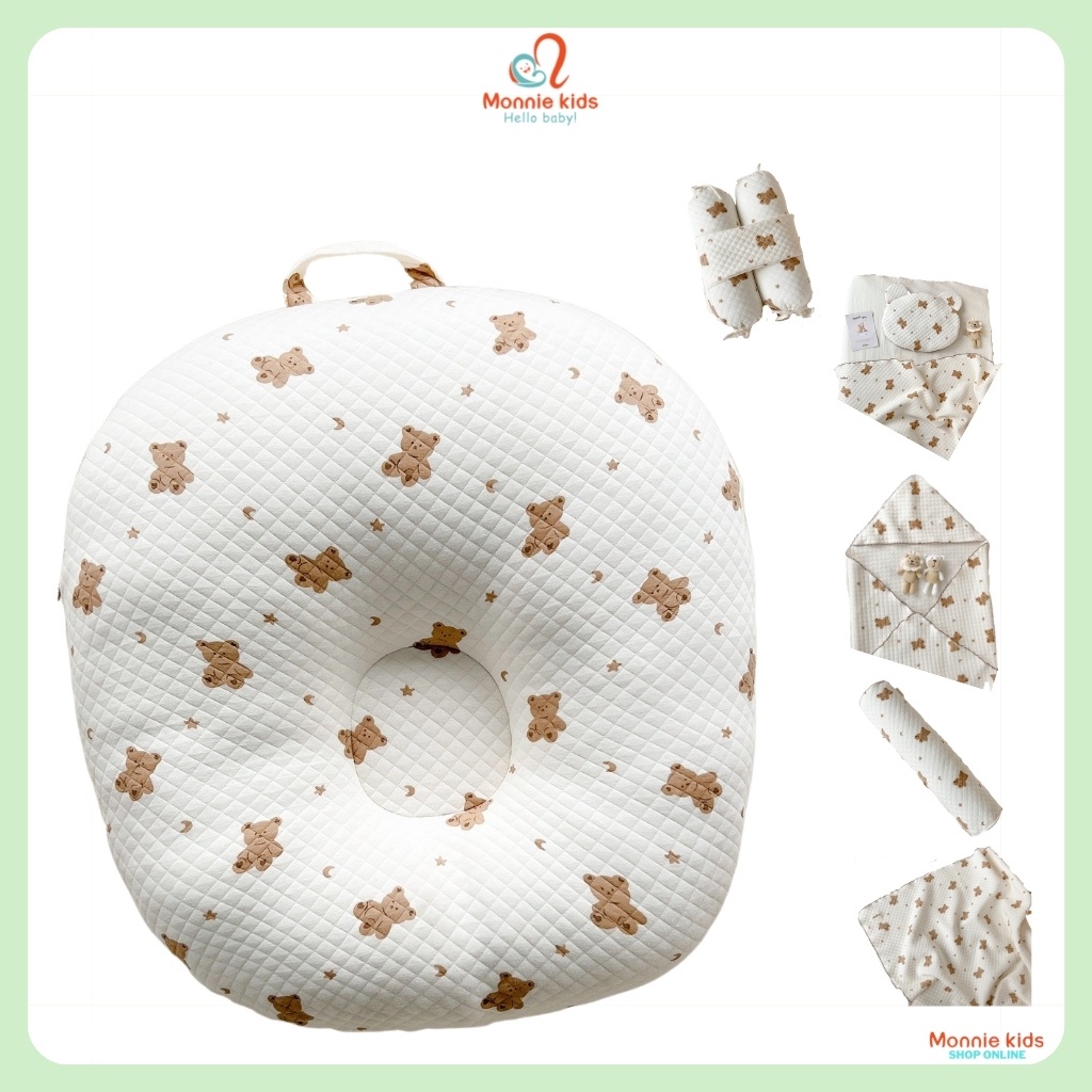 Gối chống trào ngược lụa cotton gấu cho bé Mochee 68x68cm, gối chống trào ngược cho trẻ sơ sinh