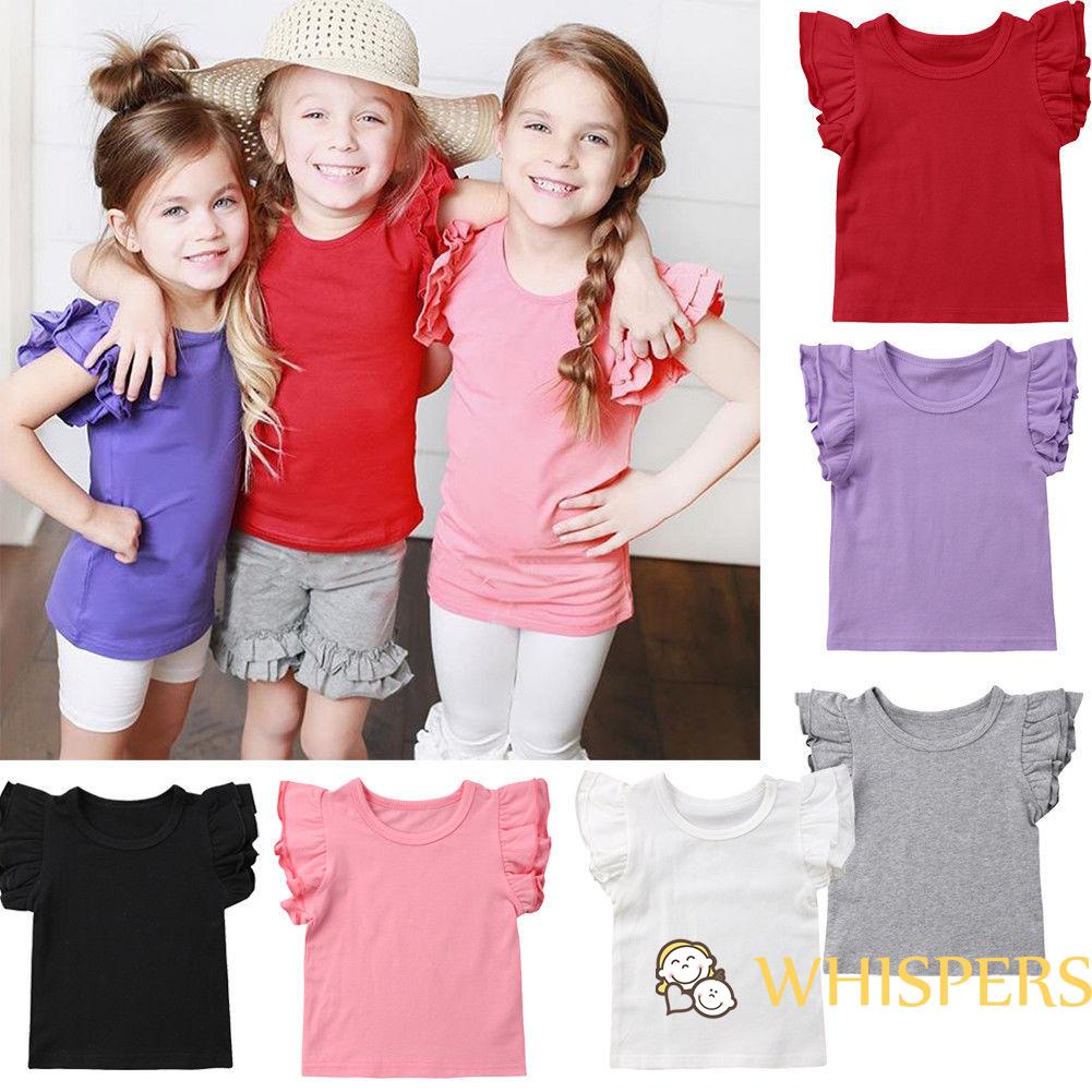 Áo thun cotton cổ tròn tay cánh tiên màu trơn thời trang mùa hè cho bé gái