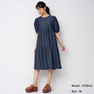 (GU Nhật chính hãng) Nữ - Váy bò/ denim dáng dài xòe xếp tầng tay lửng bồng