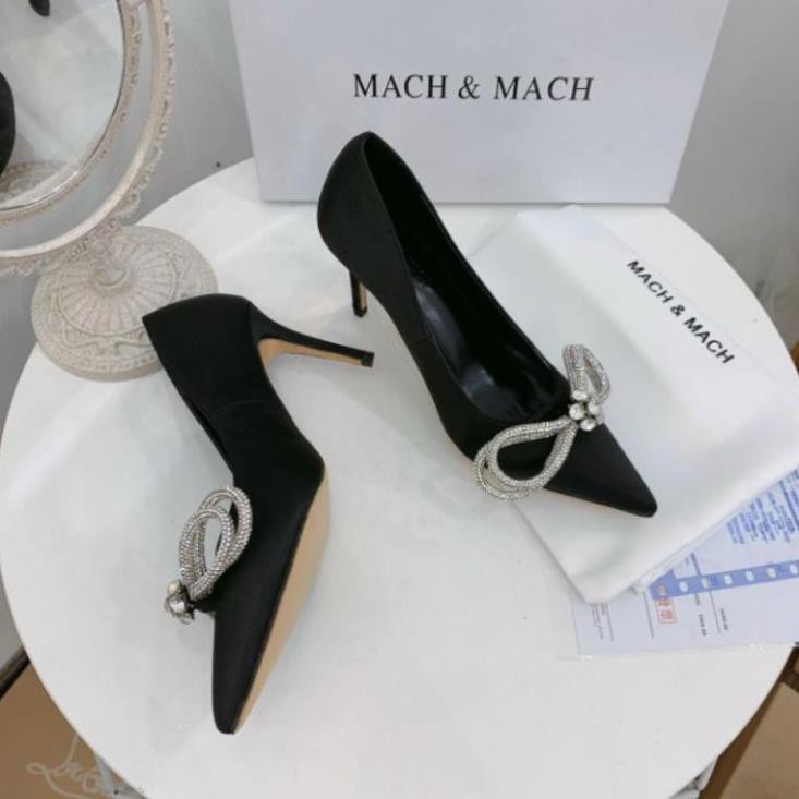 H(ẢNH THẬT) Giày Cưới Cao Gót 9p Nơ Đá Lụa Satin Mềm Êm Không Dốc Fullbox Bill Túi Cao Cấp