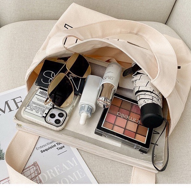 Túi tote HAZIN vải canvas ulzzang unisex in chữ MM có khoá miệng ngăn phụ đi học đi chơi đựng vừa khổ a4