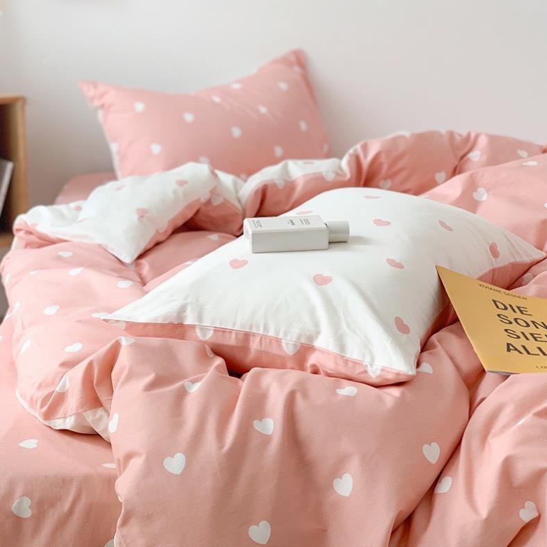 Trọn Bộ 4 Món Thương Hiệu 🌸EVILY🌸 Chăn Ga Gối Mền Cotton Poly-Mẫu TIM TRẮNG HÔNG Siêu Xinh Và Dễ Thương