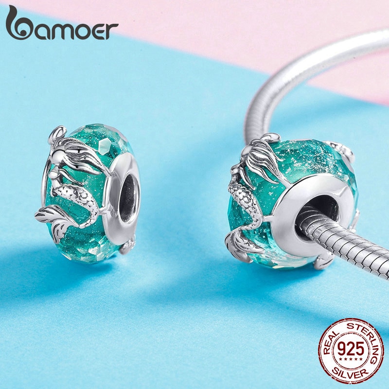 Hạt cườm Bamoer hình tiên cá màu xanh lam làm vòng tay trang sức