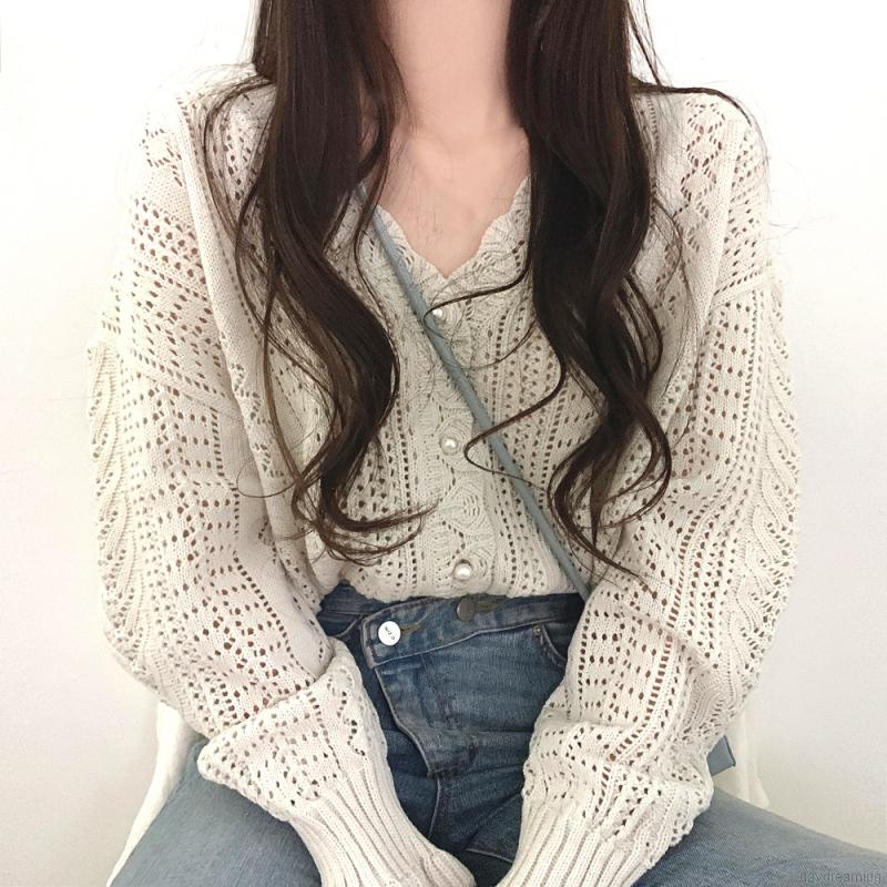Áo khoác cardigan tay dài cổ chữ V phối nút thời trang cho nữ