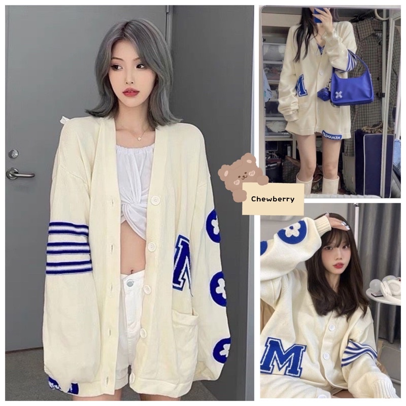 Áo Khoác Cardigan Bông Hoa Chữ M Sọc Tay Cúc Cài Form Rộng Nam Nữ