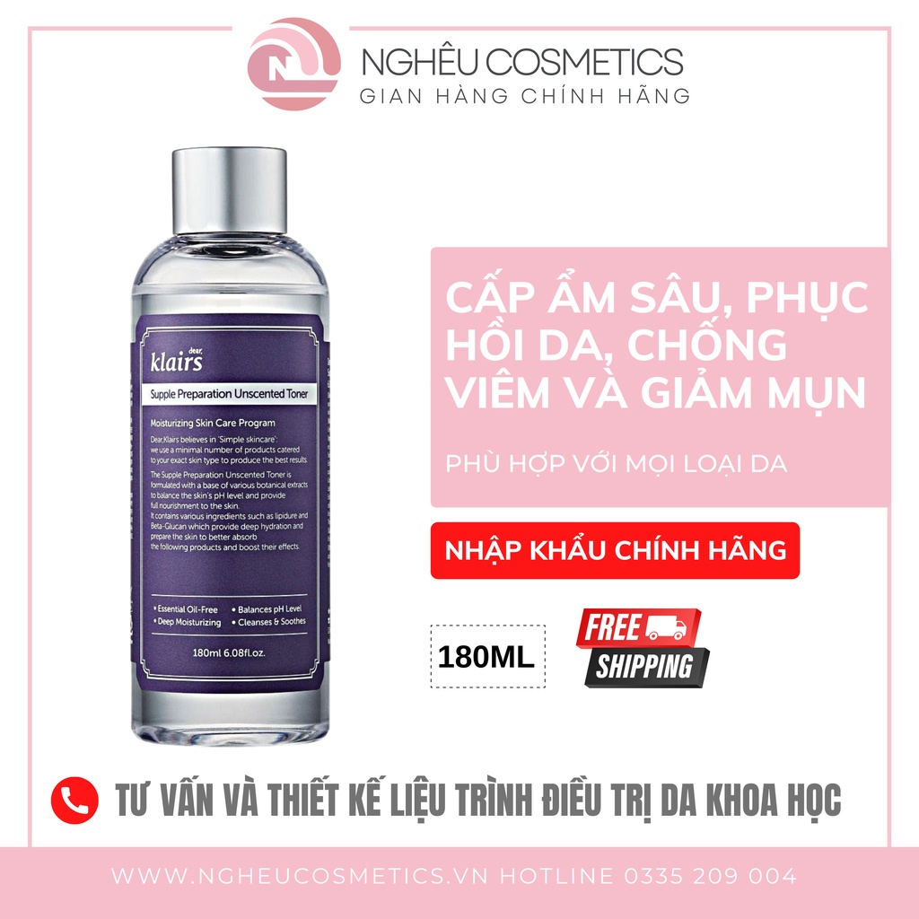 Nước Hoa Hồng Toner Klairs Không Mùi Dưỡng Ẩm Làm Dịu Da Thu Nhỏ Lỗ Chân Lông 180ML Nhập Khẩu Chính Hãng