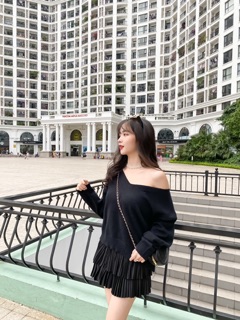 Áo len cổ tim đan dây lưng