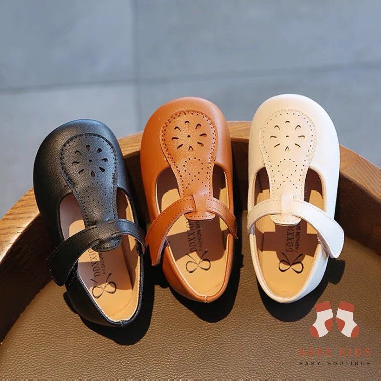 Giày tập đi bé gái, Giày búp bê phong cách Vintage có lỗ thoáng chất da mềm quai dán dễ thương cho bé gái mẫu mới M2125