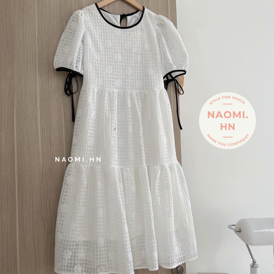 Váy babydoll ngắn tay ren phối viền chỉ buộc nơ 2 tầng xoè. Đầm babydoll ren hoa thừng tiểu thư tay phồng form rộng cute