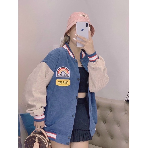 Áo Khoác Bomber Nhung Tăm Logo Ảnh Thật