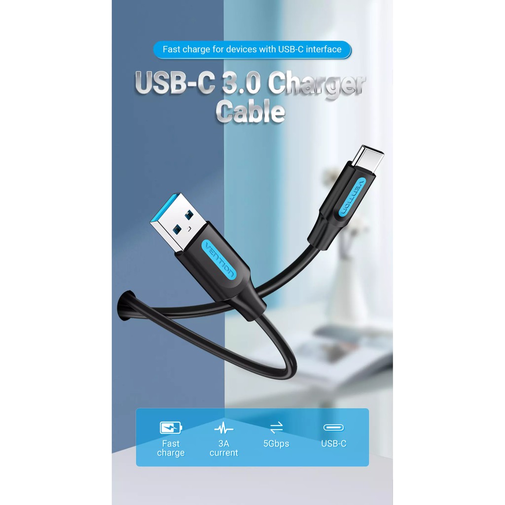 Cáp USB 3.0 to Type C dài 1m Vention điện áp 3A, truyền dữ liệu 5Gbps