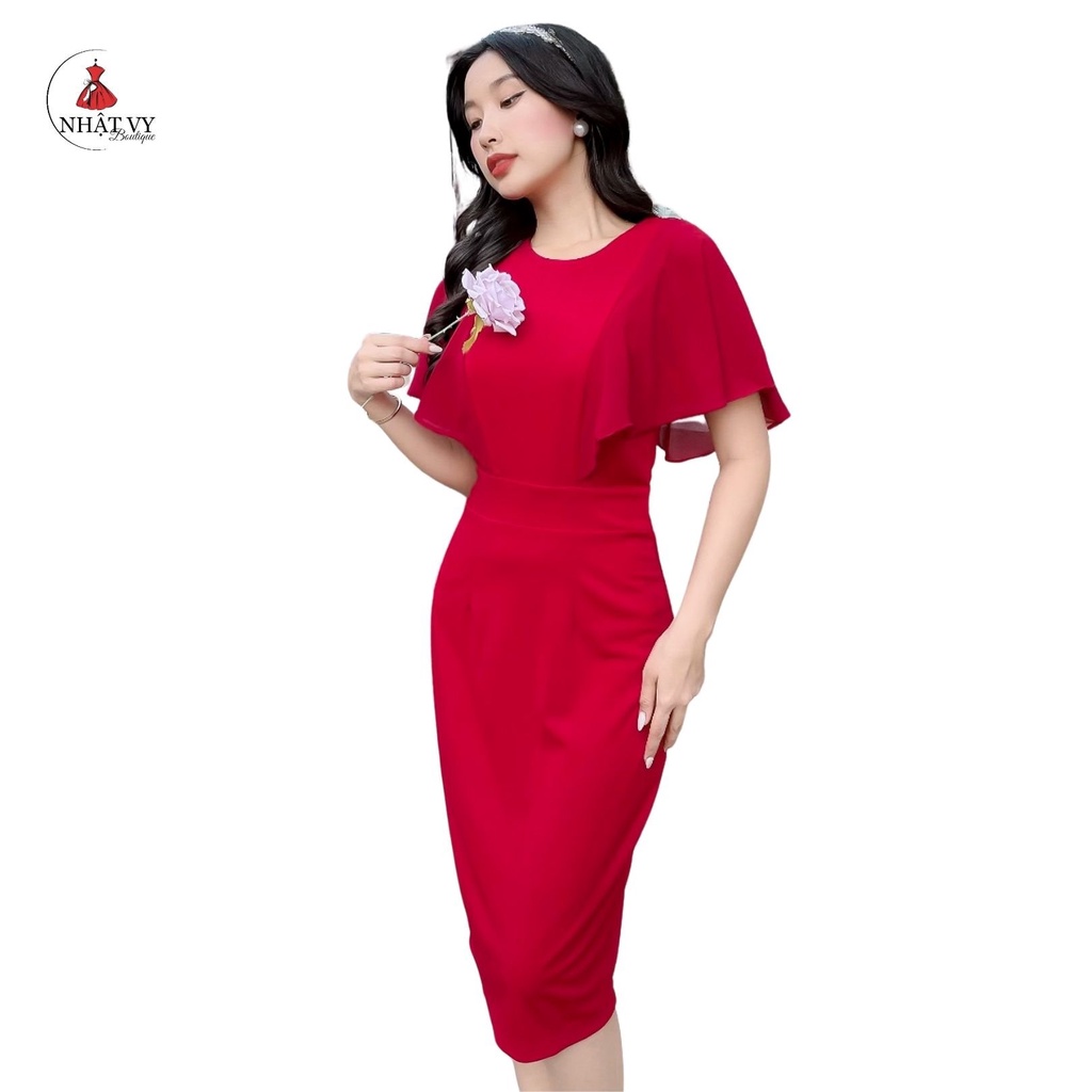 Đầm Nữ NHẬT VY Cổ Tròn Dáng Ôm Phối Tay Voan Chất Thun Đi Tiệc Màu Đen, Đỏ - D2125