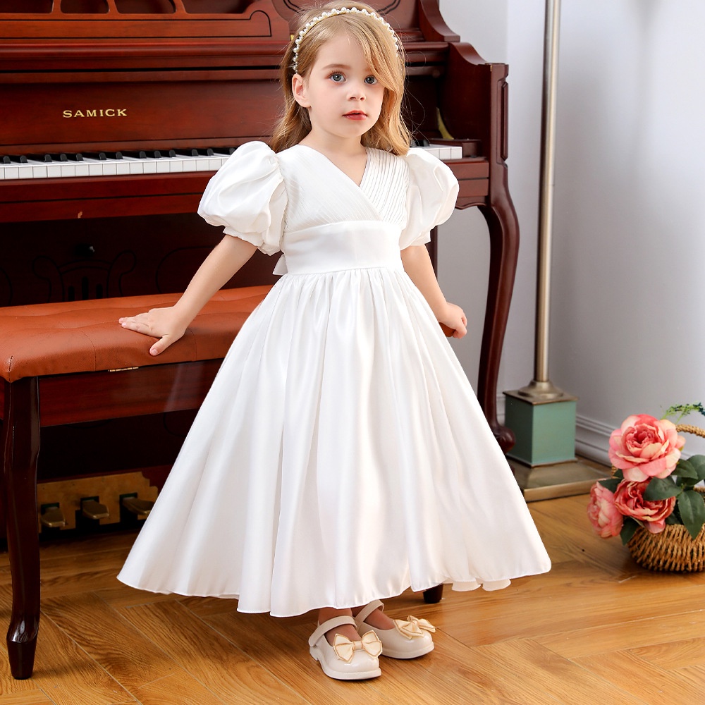 Đầm Công Chúa Màu Trắng Tay Phồng Trang Trọng Cho Bé Gái 7 Tuổi