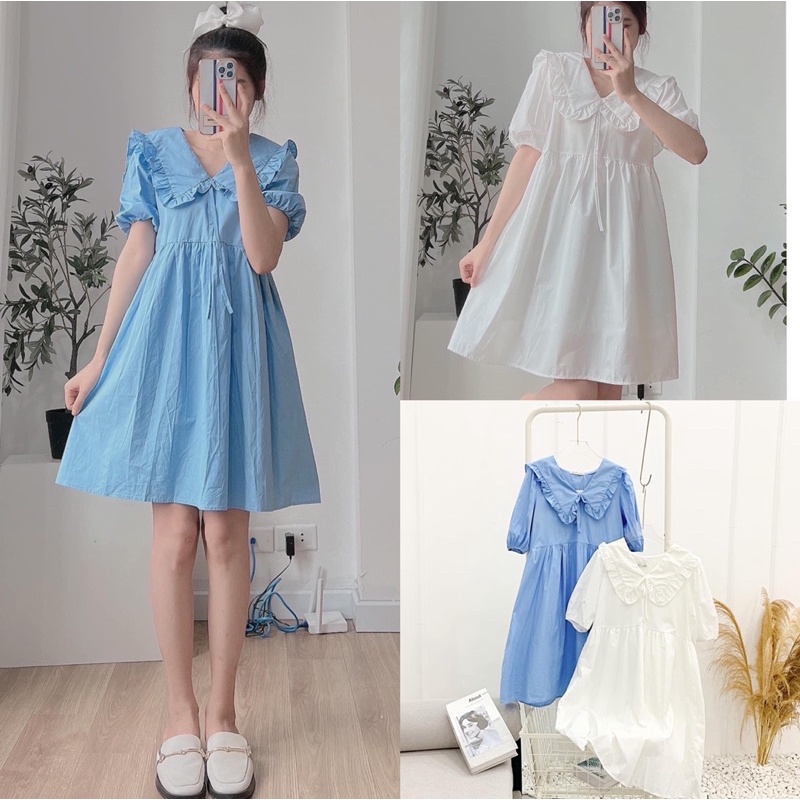 Váy bbd cổ sen đắp ren tay bồng dáng ngắn