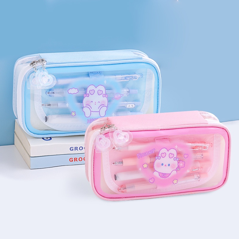 Túi Đựng Bút Trong Suốt Cỡ Lớn Chống Thấm Nước Có Khóa Kéo Họa Tiết Hoạt Hình Dễ Thương