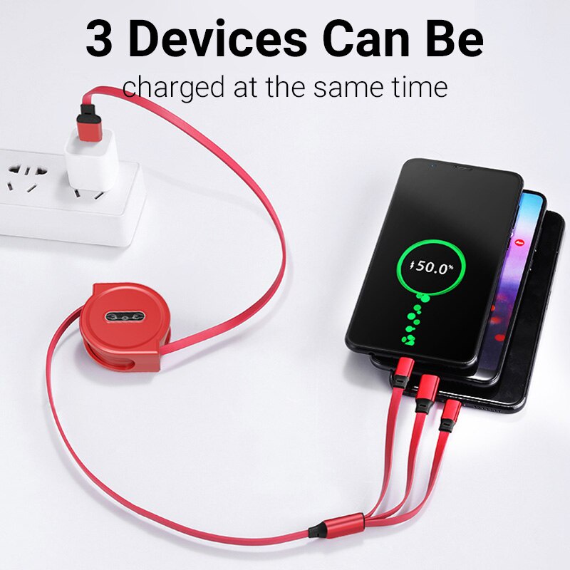 Dây cáp sạc truyền dữ liệu có thể thu gọn USB Type-c 3 trong 1 thích hợp cho Android Iphone