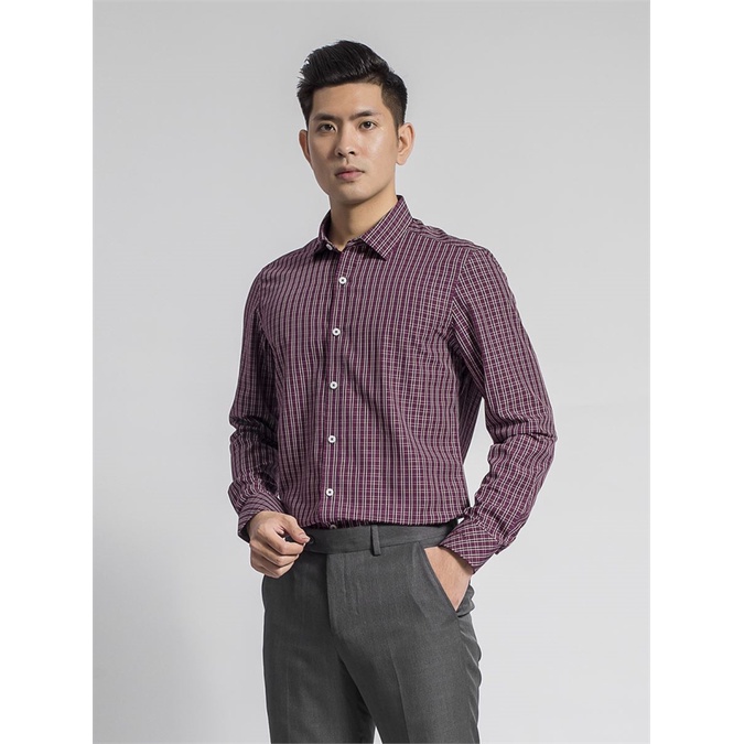 Áo sơ mi dài tay Aristino  kẻ ô đỏ sợi sồi  from ôm  ALS62108-