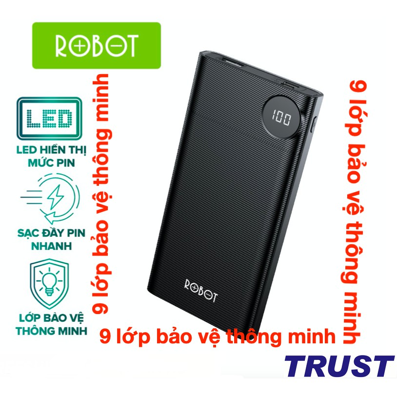 Sạc dự phòng ROBOT RT190 10000mAh thiết kế nhỏ gọn LED hiển thị Pin 2 cổng vào Micro/Type-C và 1 Cổng Ra USB