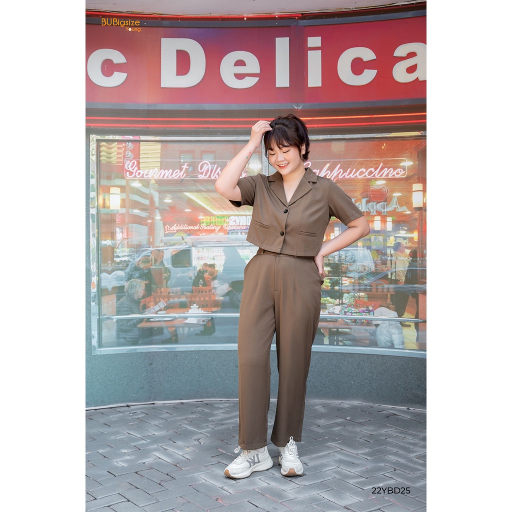 Set áo cổ bẻ dáng ngắn + Quần ống rộng BIGSIZE (55kg đến 95kg) - 22YBD25 - [BU Bigsize Young]