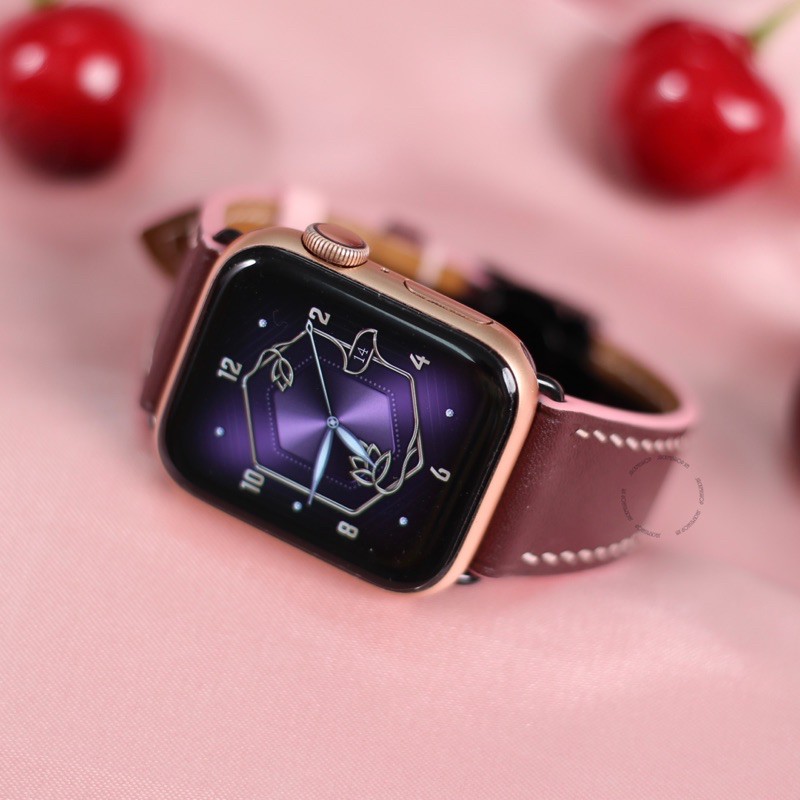 [DÂY DA THẬT] DÂY DA BÊ SWIFT MAY TAY THỦ CÔNG MÀU NÂU CHOCO CHỈ HỒNG CHO APPLE WATCH SERIES 1=&gt;6 (BẢO HÀNH 1 NĂM)