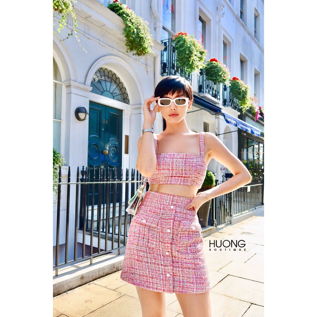 Set áo vest tweet hồng, áo bra và chân váy chữ A HUONG BOUTIQUE HBVEST83