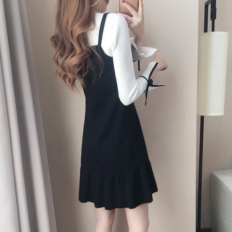 Đầm nữ giả yếm phối tay loe thắt nơ nữ tính