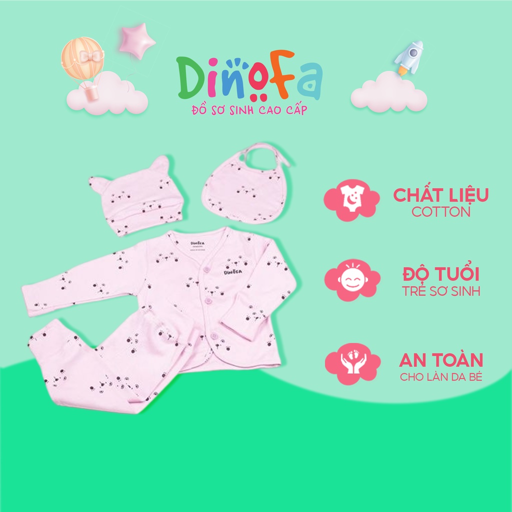 Bộ quần áo sơ sinh đồ bộ bé trai bé gái dài tay, cúc thẳng chất cotton, Set 4 món cho trẻ sơ sinh 0-3m hình gấu_B01