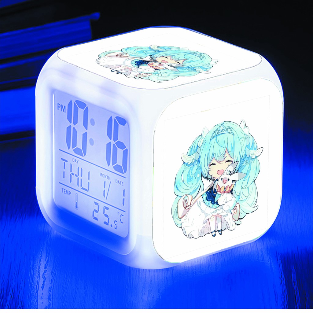 Đồng hồ báo thức để bàn in hình Miku Hatsune chibi LED đổi màu