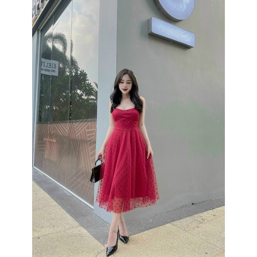 Đầm váy nữ 2 dây xòe chấm bi đơn giản, nhẹ nhàng bồng bềnh dành cho các tình yêu đi chơi, dự tiệc