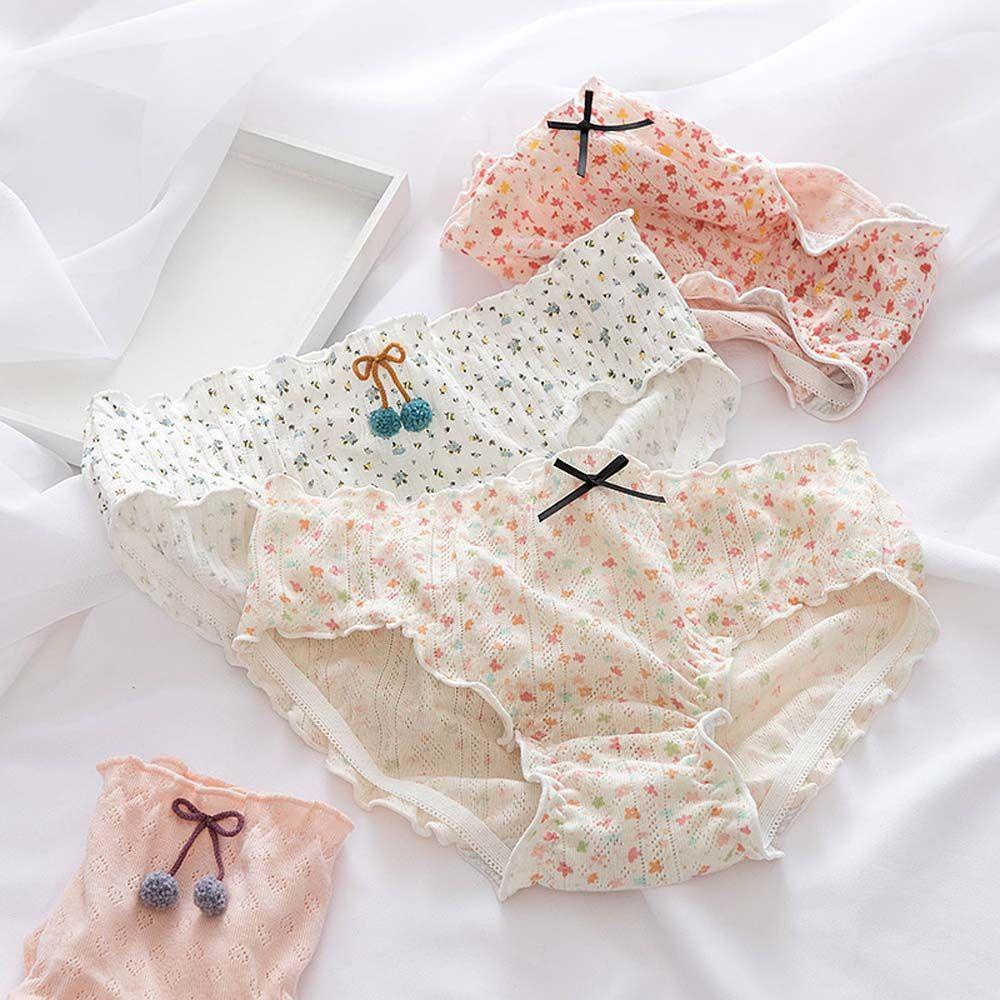 Quần Lót Cotton Phối Bèo Họa Tiết Hoa Xinh Xắn Thời Trang Cho Nữ
